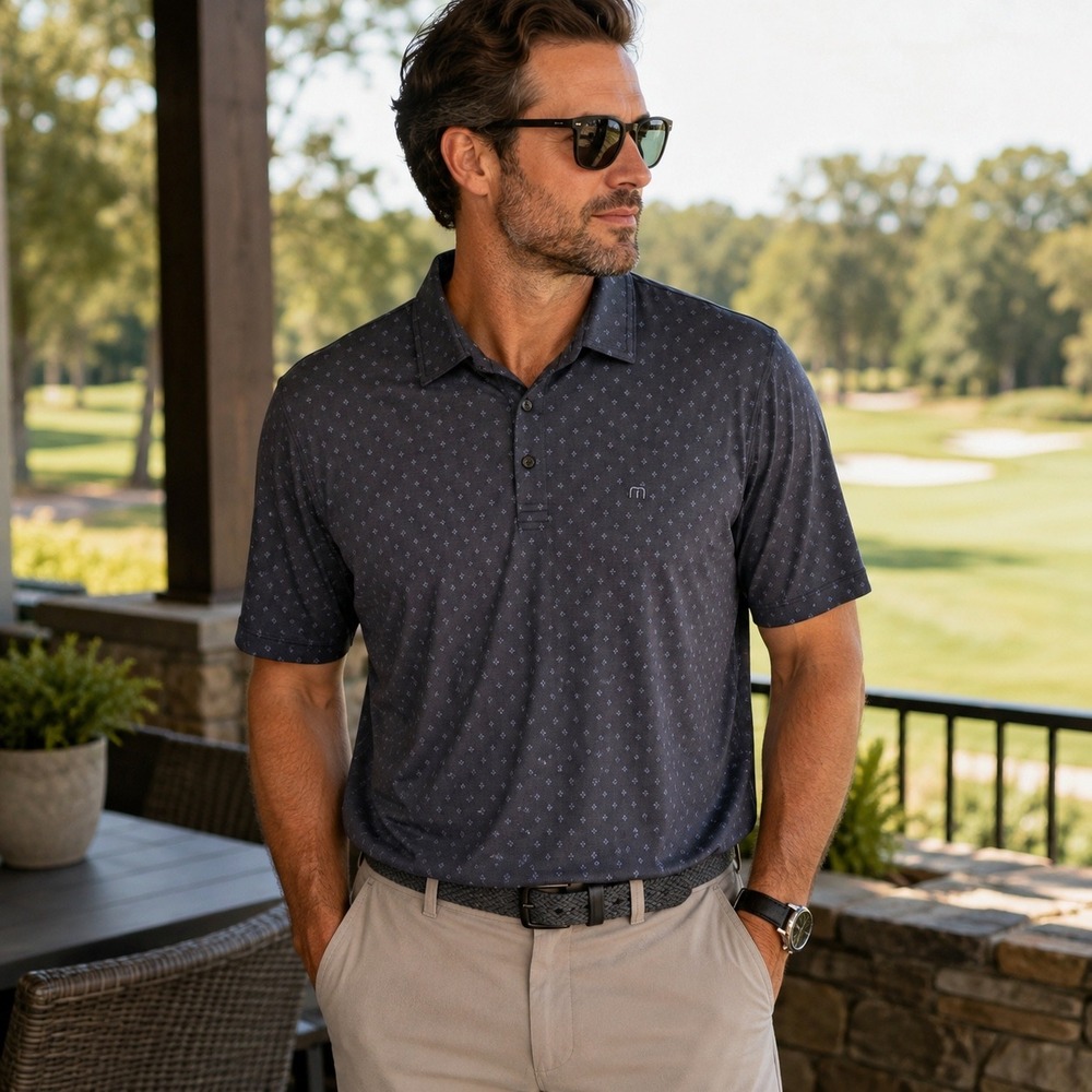 TravisMathew Performance Golf Polo Shirt Gray Blue Micro Print Stretch XL